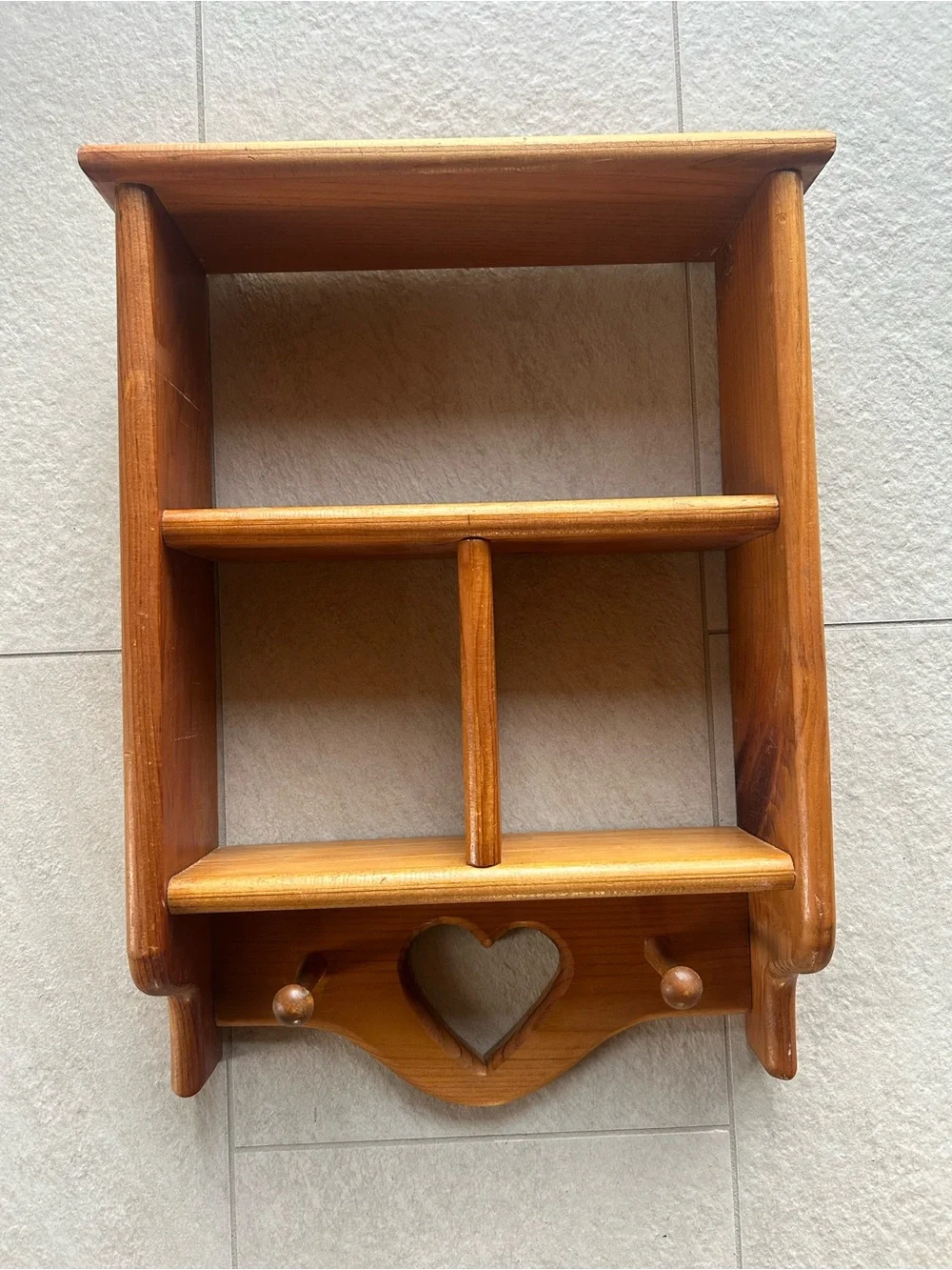 Vintage Wooden Heart Wall Shelf with Peg Hooks Country Cottage Decor